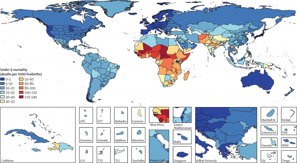 Figure 1.
Under-5 mortality rates by GBD subnational Level 1 geography, both sexes combined, 2015
For each category shown in the legend, the range is inclusive of the minimum value and goes up to, but does not include, the maximum value. GBD=Global Burden of Disease. ATG=Antigua. VCT=Saint Vincent and the Grenadines. LCA=Saint Lucia. TTO=Trinidad and Tobago. TLS=Timor-Leste. Isl=islands. FSM=Federated States of Micronesia. WSM=Samoa.