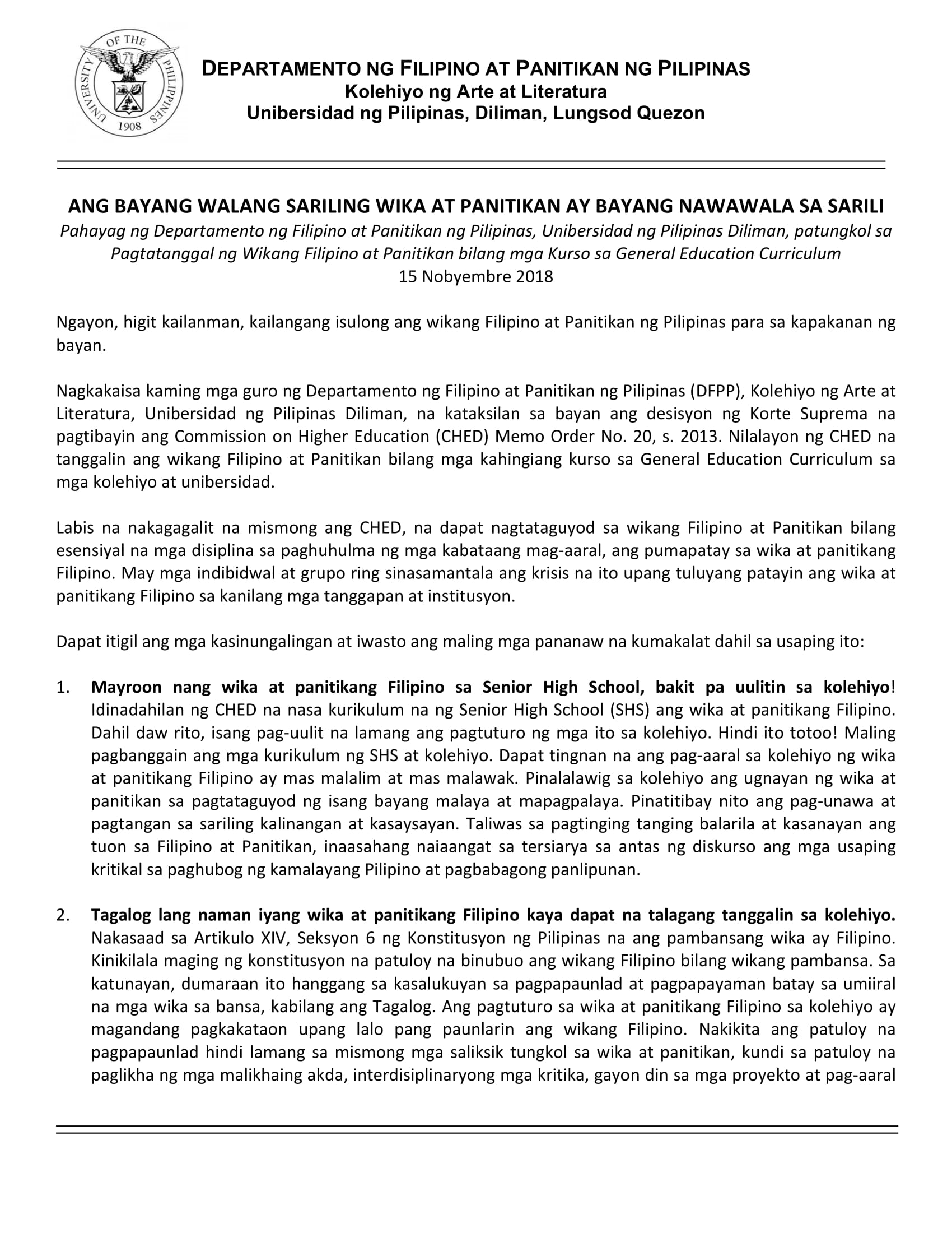 Pahayag ng UP Departamento ng Filipino at Panitikan ng Pilipinas patungkol sa pagtatanggal ng Wikang Filipino at Panitikan bilang mga kurso sa General Education Curriculum